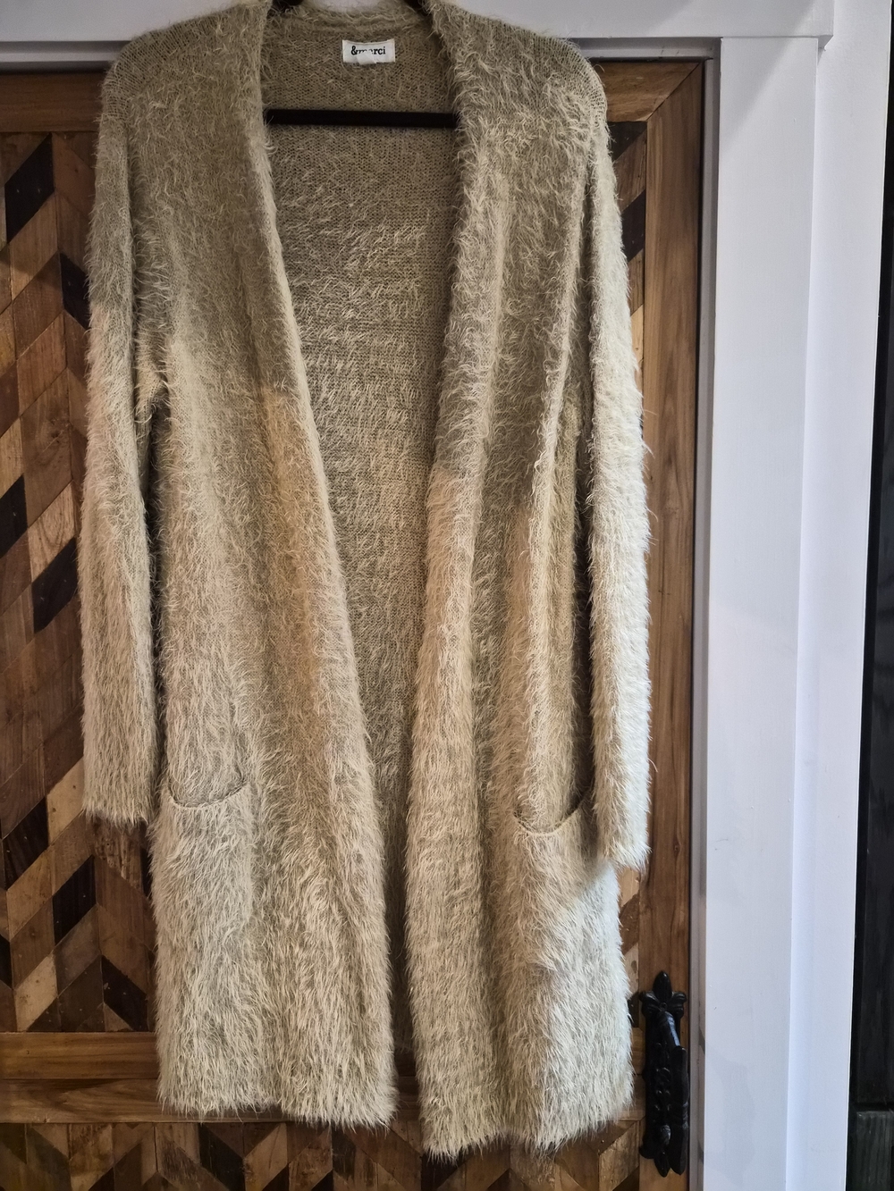 Merci Camel Fuzzy Open-Front Long Cardigan Sweater